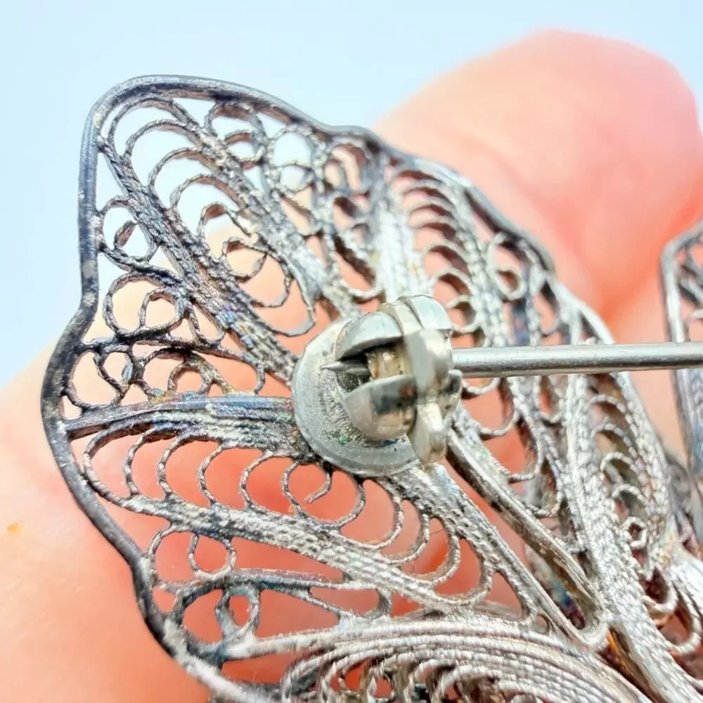 Antique Sterling Silver 925 Large Filigree Flower Brooch Pin Cannetille